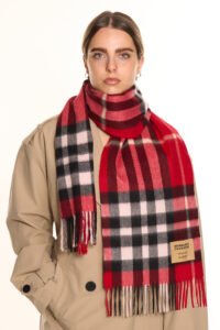 A stylized artistic arrangement of red and gold thistles surrounding a Thomson Red cashmere scarf.
